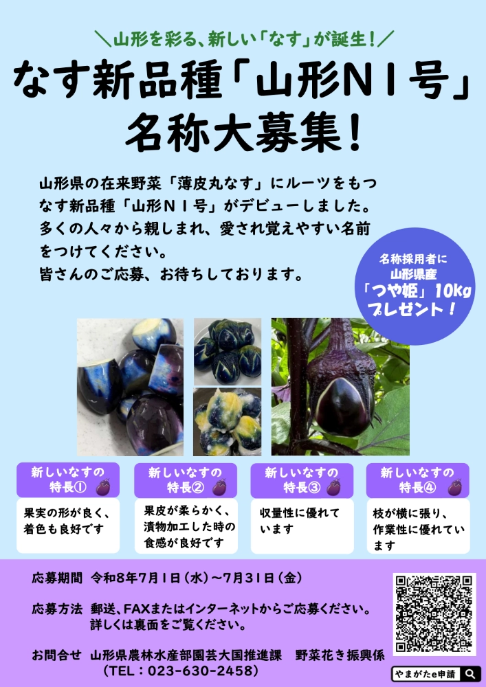 ＼山形を彩る、新しい「なす」が誕生！／ なす新品種「山形N1号」名称大募集！［名称を採用された方には山形県産「つや姫」10kgをプレゼント！］